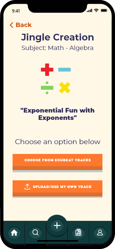 iPhone 12 displaying one of Edubeat's Jingle Creation screens with a button that says 'Choose From Premade Tracks'